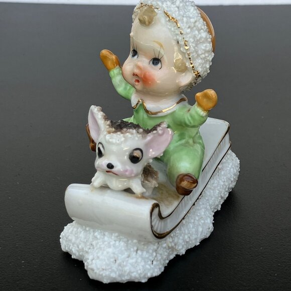 UCAGCO Japan Porcelain Sugared Sledding Boy with Puppy Figurine - Picture 9 of 12
